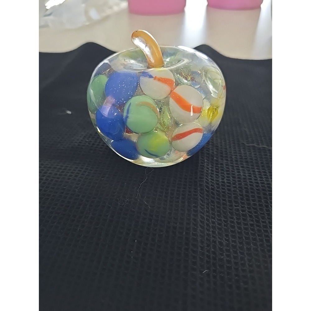 Clear Resin Apple With Multi Colored Marbles Tiny Chip In Top‎ Of Stem.   559
